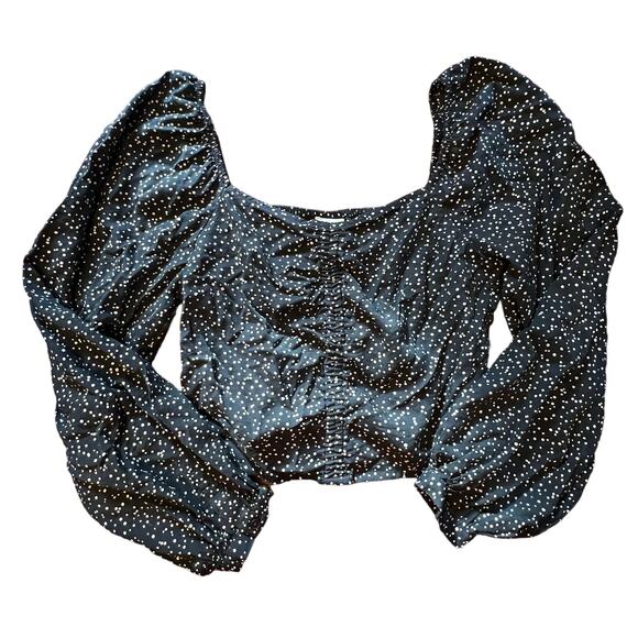 A New Day Boho Black White Balloon Sleeve Blouse Ruched Crop Top Size Medium - Picture 7 of 12
